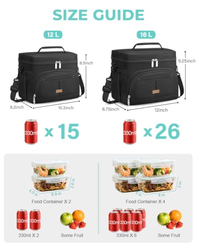 Lunch Box for Men Women Insulated Lunch Tote Cooler Bag Lunchbox (Black / Large)