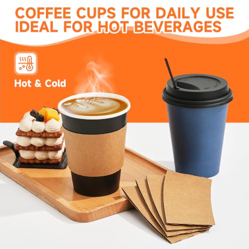 100 Pack 12 oz Disposable Coffee Cups with Lids and Sleeves (Black/Blue / 12oz)