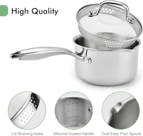 1.0 Quart Stainless Steel Pot Saucepan with Glass Strainer Lid (1.0 Quarts)