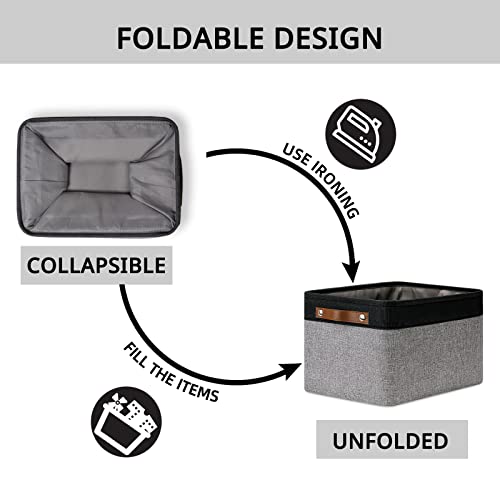 4 Pack Large Canvas Storage Bins with Handles 15"x11"x9.5" Fabric Storage Baskets for Shelves Cloth Bins for Organizing (Black&Grey / L-15"x11"x9.5")
