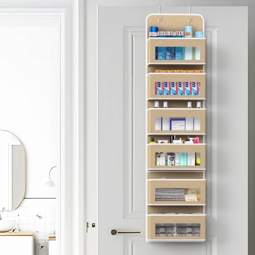 6 Clear Window Pocket Over Door Hanging Organizer (6 Pockets / Beige)