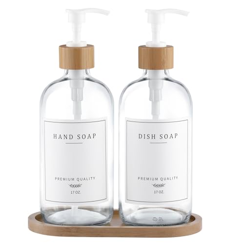 Clear Glass Soap Dispenser (Clear Bottle + 14 Labels + Funnel + Tray)