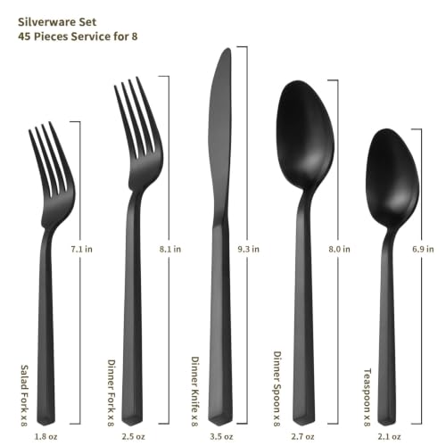 Cube 45 Piece Forged Stainless Steel Flatware Set Cutlery Set with Utensil (Black / 45 pieces for 8)