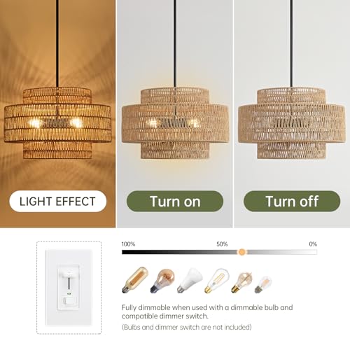 17.7" Rattan Chandelier for Dining Room (Brown+Black Hardware / 17.7" 4-Light)