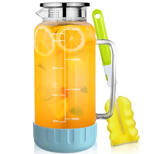 68oz Glass Pitcher with Lid and Handle for Fridge (Blue Silicone)