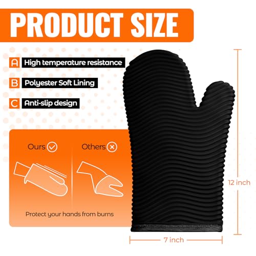 Silicone Oven Mitts (2PCS-12"L x 7"W/BLACK-WAVE SURFACE)