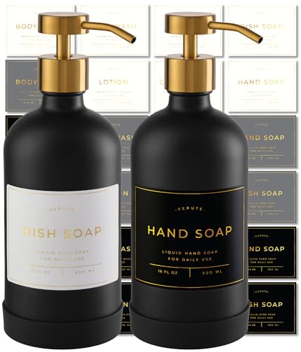 Hand and Dish Soap Dispenser for Kitchen and Bathroom (Matte Black Bottle / Brushed Gold Pump)