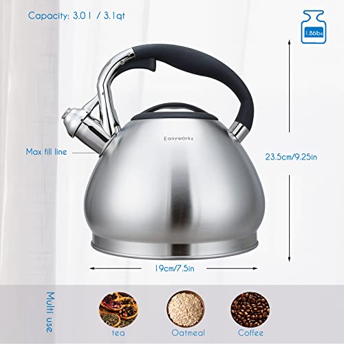 Whistling Stovetop Tea Kettle Food Grade Stainless Steel Hot Water Tea Pot With Loud Whistle (3.2 Quarts)