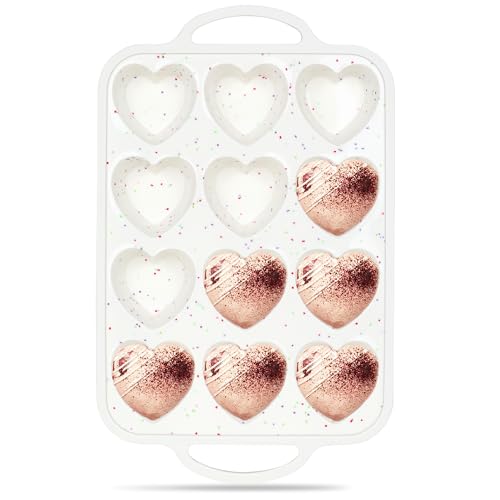 12 Cup Heart Shaped Silicone Muffin Pan for Baking with Metal Frame (Cream / 12-Cup Heart)