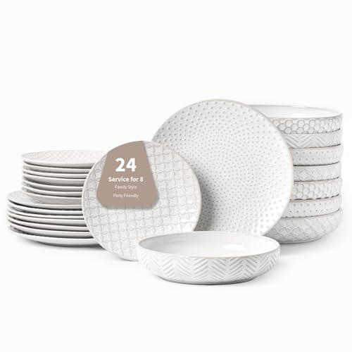 24 Piece Embossed Ceramic Dinnerware Set (White-Mixed Embossment / Service for 8-24Pcs (Pasta Bowl))