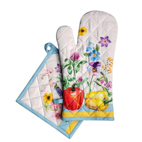 100% Cotton Oven Mitt & Pot Holder Set (042 - Giverny / 7.5" x 13" & 8" x 8" (Oven Mitt & Pot Holder))