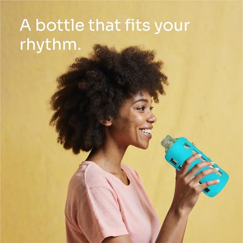 40oz / 32oz / 22oz / 12oz Borosilicate Glass Water Bottle with Time & Volume Markers, Silicone Sleeve, Stainless Steel Lid | Reusable Glass Bottle for Water & Juice (22oz Aqua Blue) (Aqua Blue (1 Count) / 22 Ounces)
