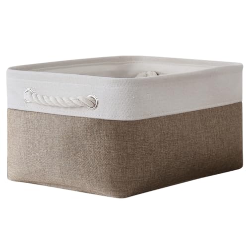 Storage Basket for Shelves (White & Khaki / Medium -13.8Lx9.8Wx6.7H)