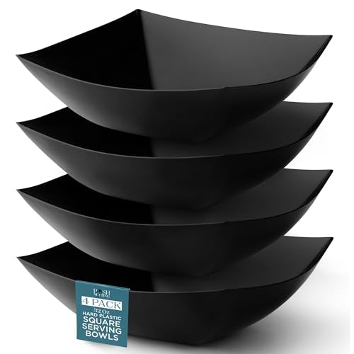 4 Pack Disposable Black Plastic Serving Bowls Square Party Candy Use 32oz (32 OUNCE / Black)