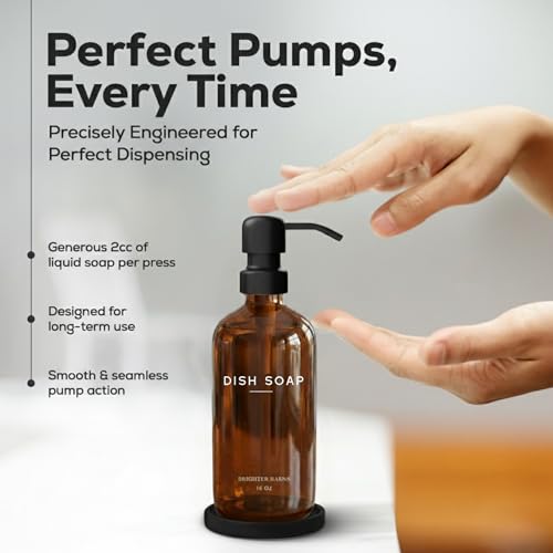 Amber Glass Dish Soap Dispenser for Kitchen Sink by Brighter Barns (Amber D)