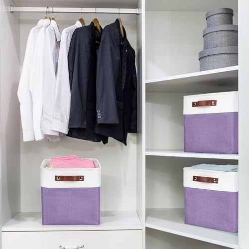 Collapsible Fabric Storage Cubes 11x11 Cube Storage Bins (Purple / Off-White / Cube - 11"x11"x11")