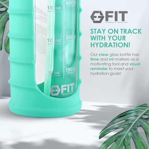 32 oz Glass Water Bottle with Time Marker (Ribbed Seafoam Sleeve)