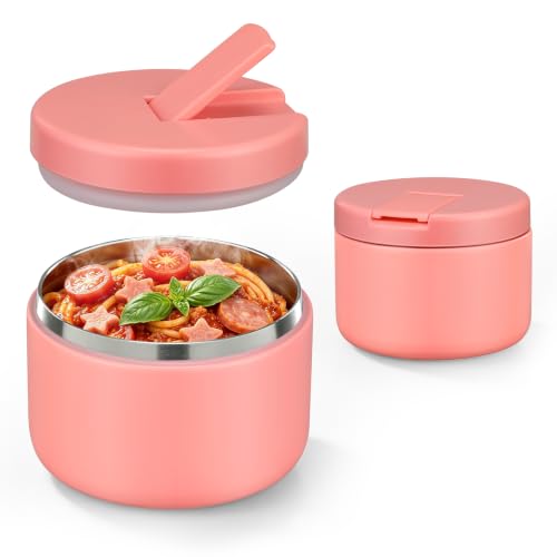 12oz Insulated Vacuum Food Jar with Buckle Lid Wide Mouth Soup Thermo for Hot Food Kids Leakproof Stainless Steel Lunch Container (Pink / 12OZ)