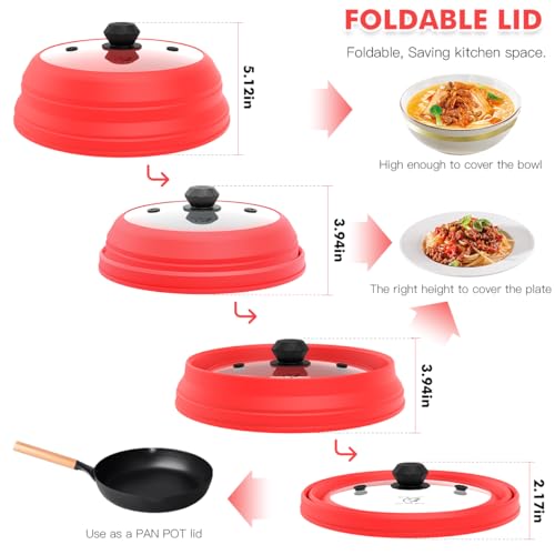 Microwave Splatter Cover Vented Glass Splatter Guard Lid with Collapsible Silicone for Food as Pot Cover Plate 10.8 inch for 6 7 8 9 10 inch Plate Bowl Red (10.8 inch / Red Lid)