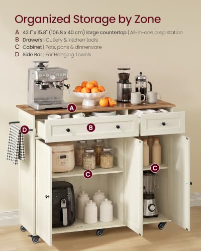 Mobile Kitchen Wooden Island Cart with Storage for Dining Room (Rustic White + Honey Brown / 15.8"D x 42.1"W x 35.1"H)