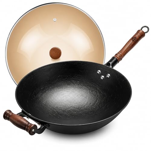 12.6 Inch Round Bottom Cast Iron Wok with Glass Lid (12.6 Inch Round Bottom)