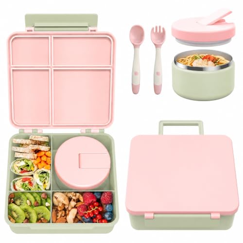 Bento Lunch Box with 8oz Soup Thermo (Green-Pink)