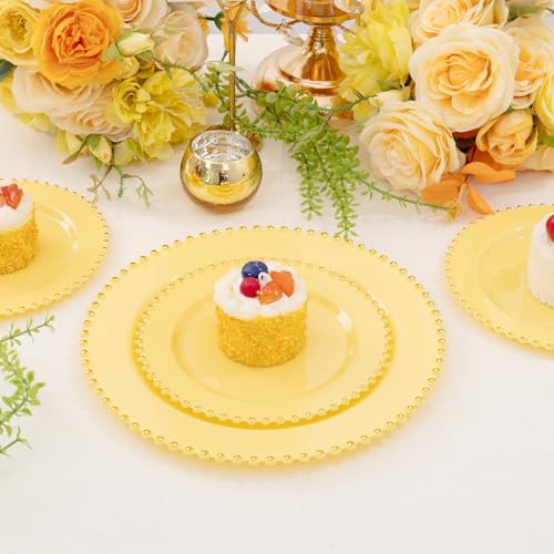 100pcs Elegant Yellow Plastic Plates with Gold Beaded for Wedding (Yellow and Gold Plastic Plates / 100PCS)