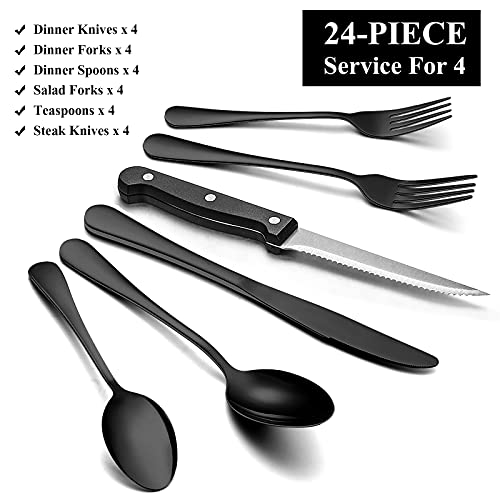 24 Piece Black Flatware Set with Steak Knives (24-Piece / Black)