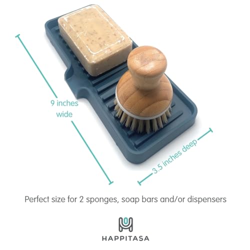 Silicone Soap Dish Tray and Sponge Holder with Drain Chute (Smoky Blue / (MD) 9"x3.5")