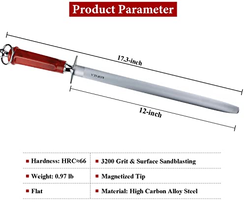 Sharpening Steel Knife Sharpener Rod Flat 12 IN Honing Steel for Knife (Flat 12 inches Red)
