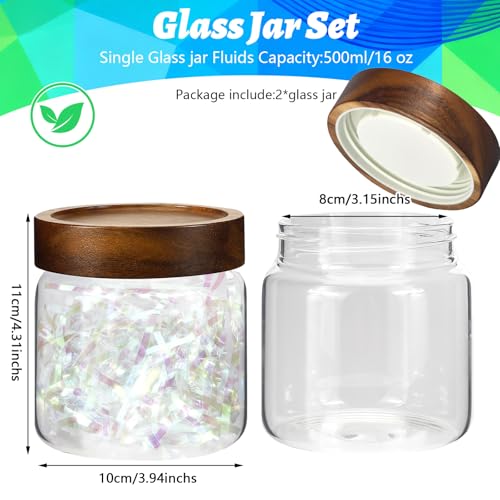16 oz Glass Jars with Acacia Wood Airtight Lids Spice Jar Herb Storage Canister with Wooden Lid Clear Glass Food Jar for Sugar Pantry Tea Coffee Bean Spice Cookies (500ml/16oz-2pack)