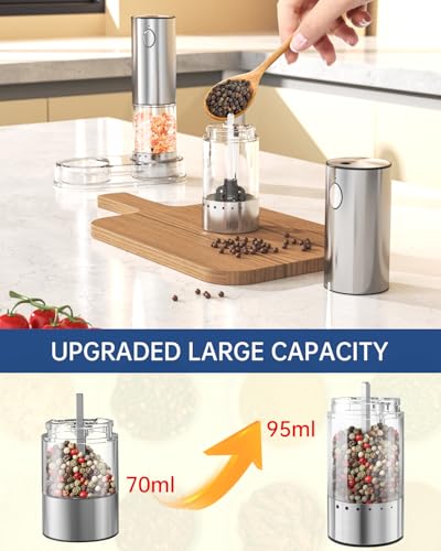 Electric Salt and Pepper Grinder Set Rechargeable Stainless Steel Salt and Pepper Shakers with LED Light and Storage Base (Silver)
