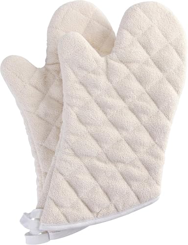 Terry Cloth Oven Mitts 100% Cotton Heat Resistant 13" 482°F Set of 2 (White / 13 inch)
