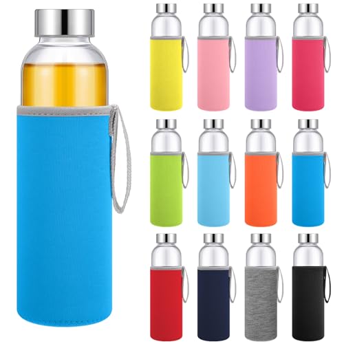 12 Pack Glass Water Bottles with Sleeves (Classic / Colorful)