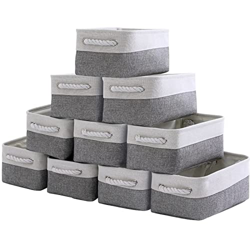 Storage Baskets 12x8x5 inch 10 Pack Fabric Baskets Foldable Storage Bins Decorative Baskets cloth storage baskets Storage Foldable Storage Bin with Rope (White&Grey / Small 10 Pack)