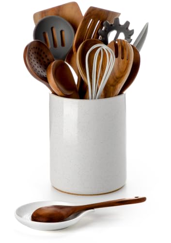 Ceramic Utensil Holder with Spoon Rest for Kitchen Counter (White & Spoon Rest 6.4'')