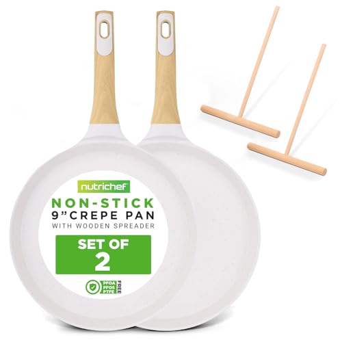 2-Pack Non-Stick Crepe Pan Set, 9.4" Marble Coated Dosa Pans with Wooden Spreaders, Bakelite and Wood Handles, Induction-Compatible, Dishwasher Safe, Even Heat Distribution, White Cream (Cream / 9" (2-Pack))