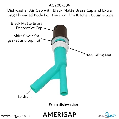 Dishwasher Air Gap with Skirted Black Matte Brass Cap and Extra Long Threaded Body for Thick or Thin Kitchen Countertops (AG200-506)