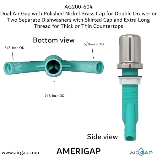 Dual Air Gap with Polished Nickel Brass Cap for Double Drawer or Two Separate Dishwashers with Skirted Cap and Extra Long Thread for Thick or Thin Countertops (AG200-604)