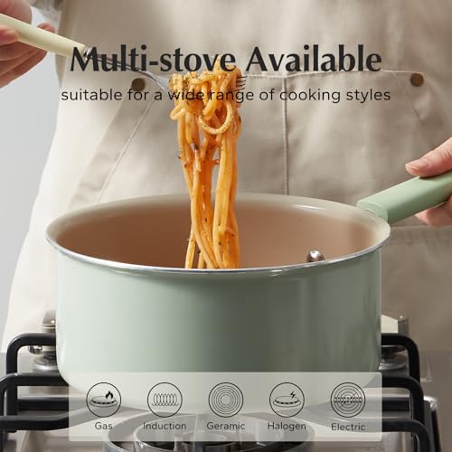 Ceramic Nonstick Saucepan with Lid (1.5 Quarts / Green)