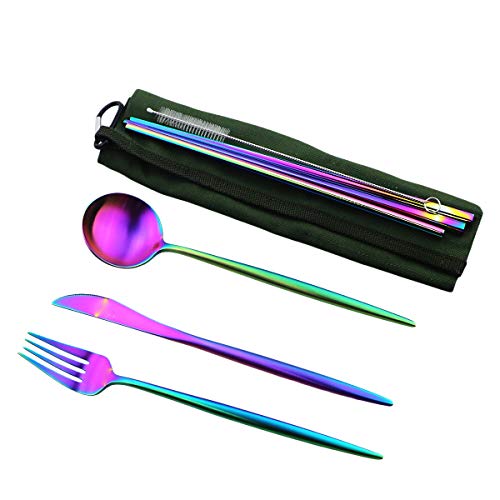 Reusable Travel Utensils (Green Pouch / Rainbow)