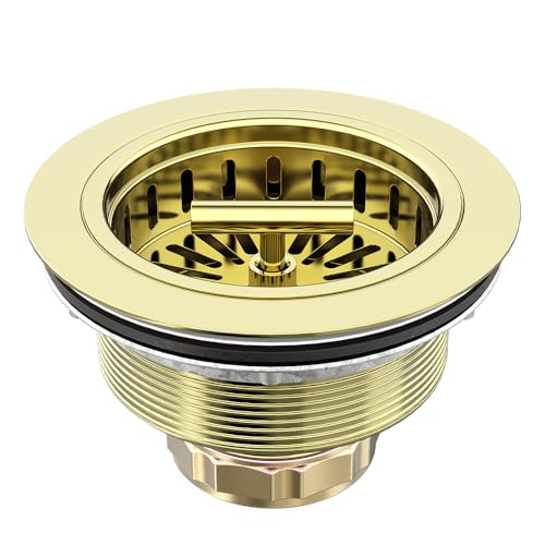 3-1/2 Inch Kitchen Sink Drain Assembly Stainless Steel Gold Kit with Strainer Basket/Rubber Stopper, Rustproof Durable Gold Finish Replacement for Standard Commercial Sink Drains