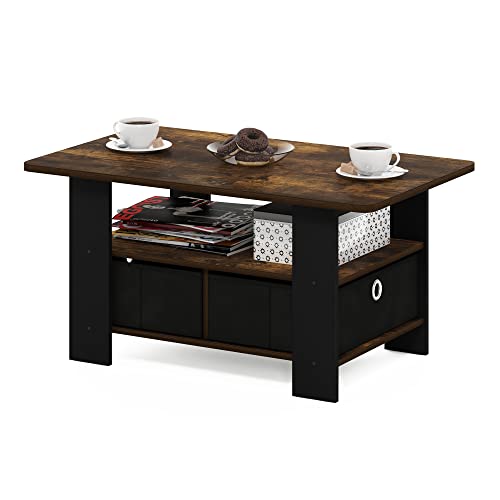 Andrey Coffee Table with Bin Drawer (Amber Pine/Black / 2 Bin)
