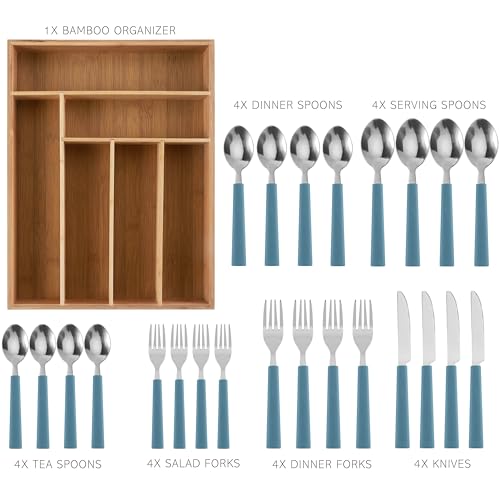 Bamboo Kitchen Utensil Set with Drawer Organizer (Blue / 25 Piece Cutlery Set)