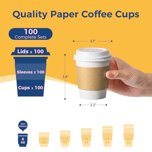 100 Pack 8 oz Disposable Coffee Cups with Lids (8 oz / Classic)