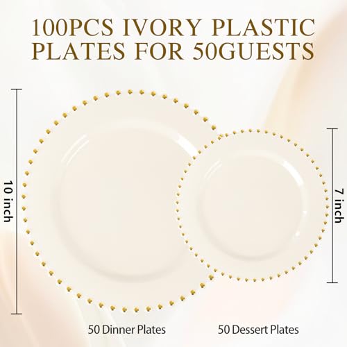 100pcs Ivory Plastic Plates with Gold Beads for Wedding & Party (100 Count)