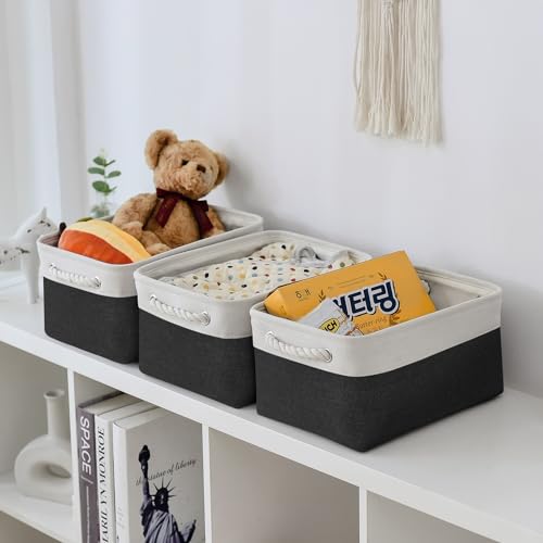 Storage Bins for Shelves (White & Black / Medium -13.8Lx9.8Wx6.7H)