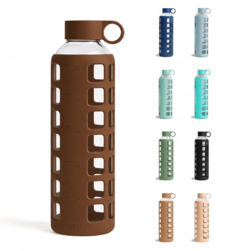 40oz / 32oz / 22oz / 12oz Borosilicate Glass Water Bottle with Time & Volume Markers, Silicone Sleeve, Stainless Steel Lid – Reusable Glass Bottle for Water & Juice (32oz Earth Brown) (Earth Brown / 32 Ounces)