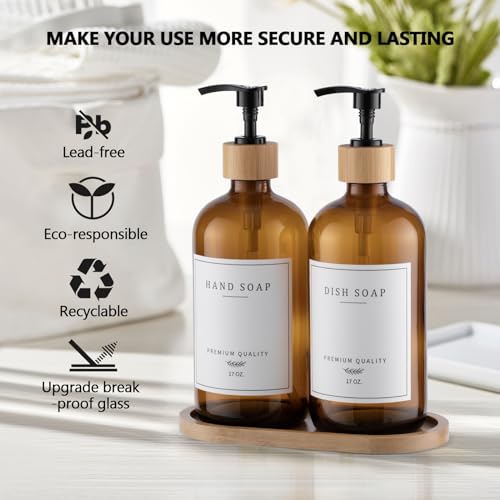 Amber Glass Soap Dispenser (Amber Bottle + 14 Labels + Funnel + Tray)