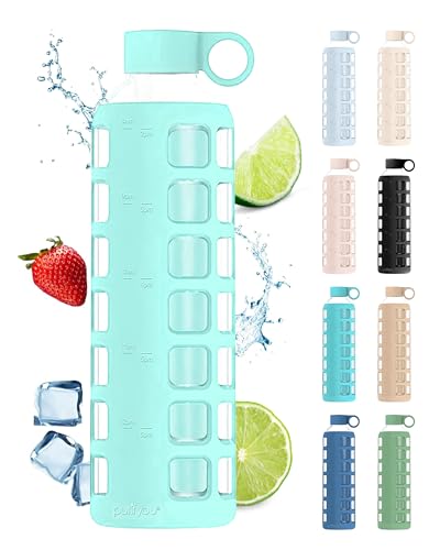 40oz / 32oz / 22oz / 12oz Borosilicate Glass Water Bottle with Time & Volume Markers, Silicone Sleeve, Stainless Steel Lid | Reusable Glass Bottle for Water & Juice (32oz Glow-in-the-Dark) (Glow-in-the-Dark (1 Count) / 32 Ounces)
